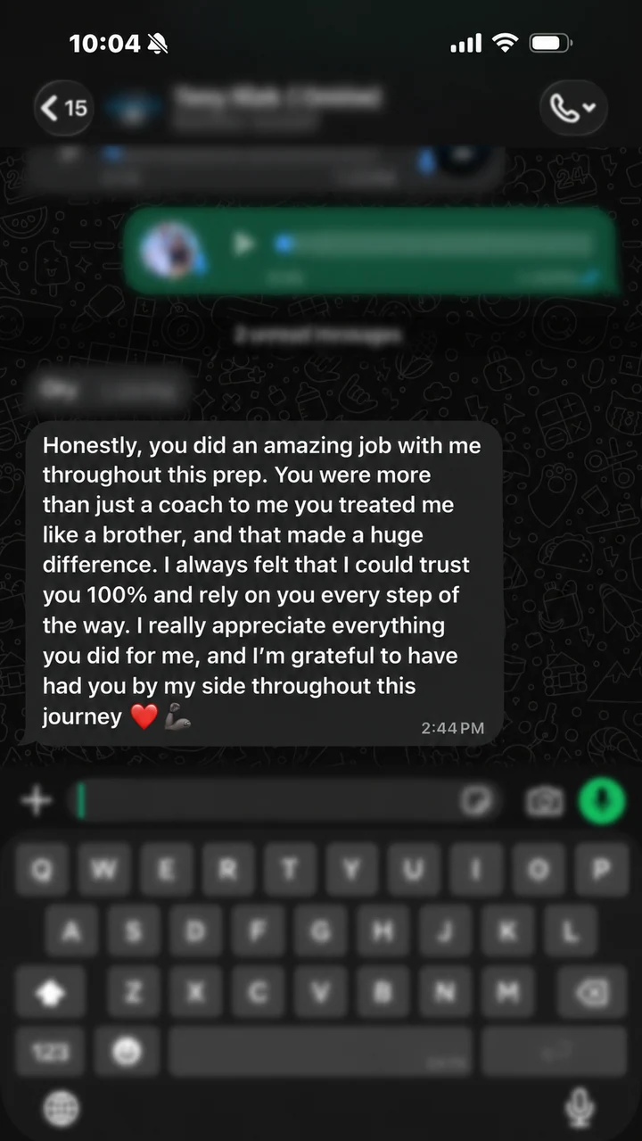 WhatsApp testimonial praising Michel's trust, support, and coaching throughout contest preparation