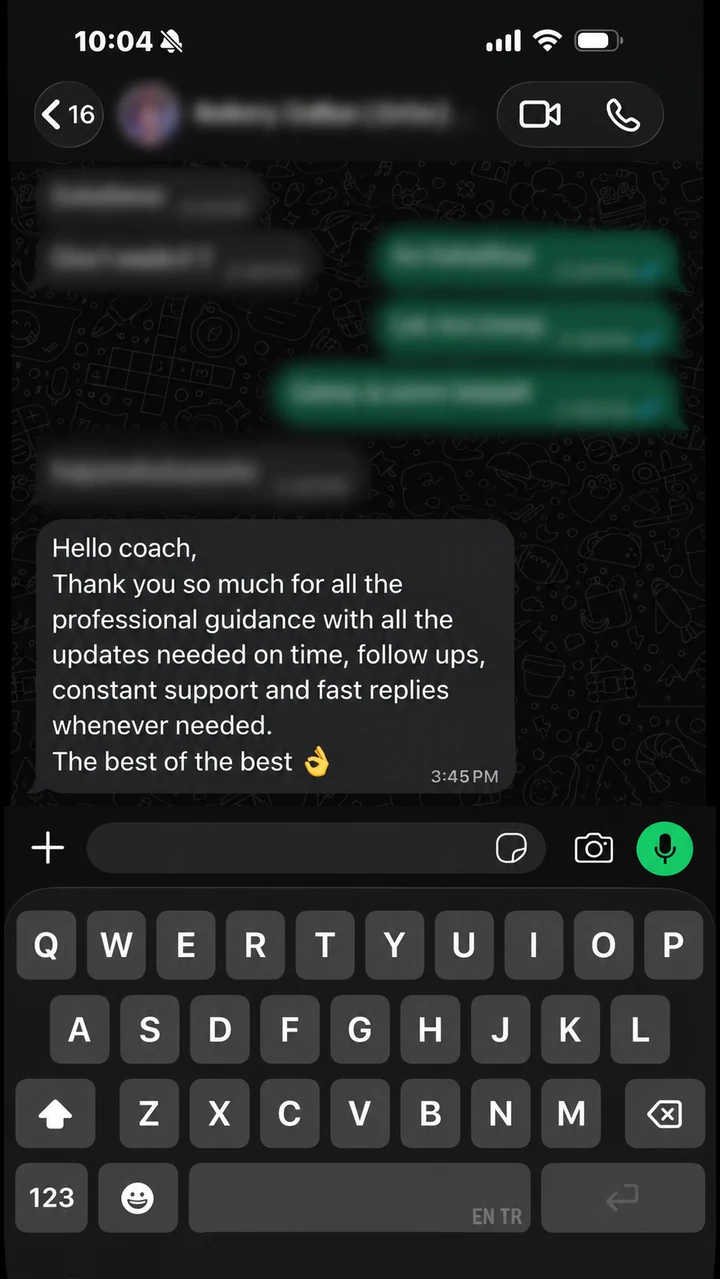 WhatsApp testimonial thanking Michel for professional guidance, timely updates, and fast replies