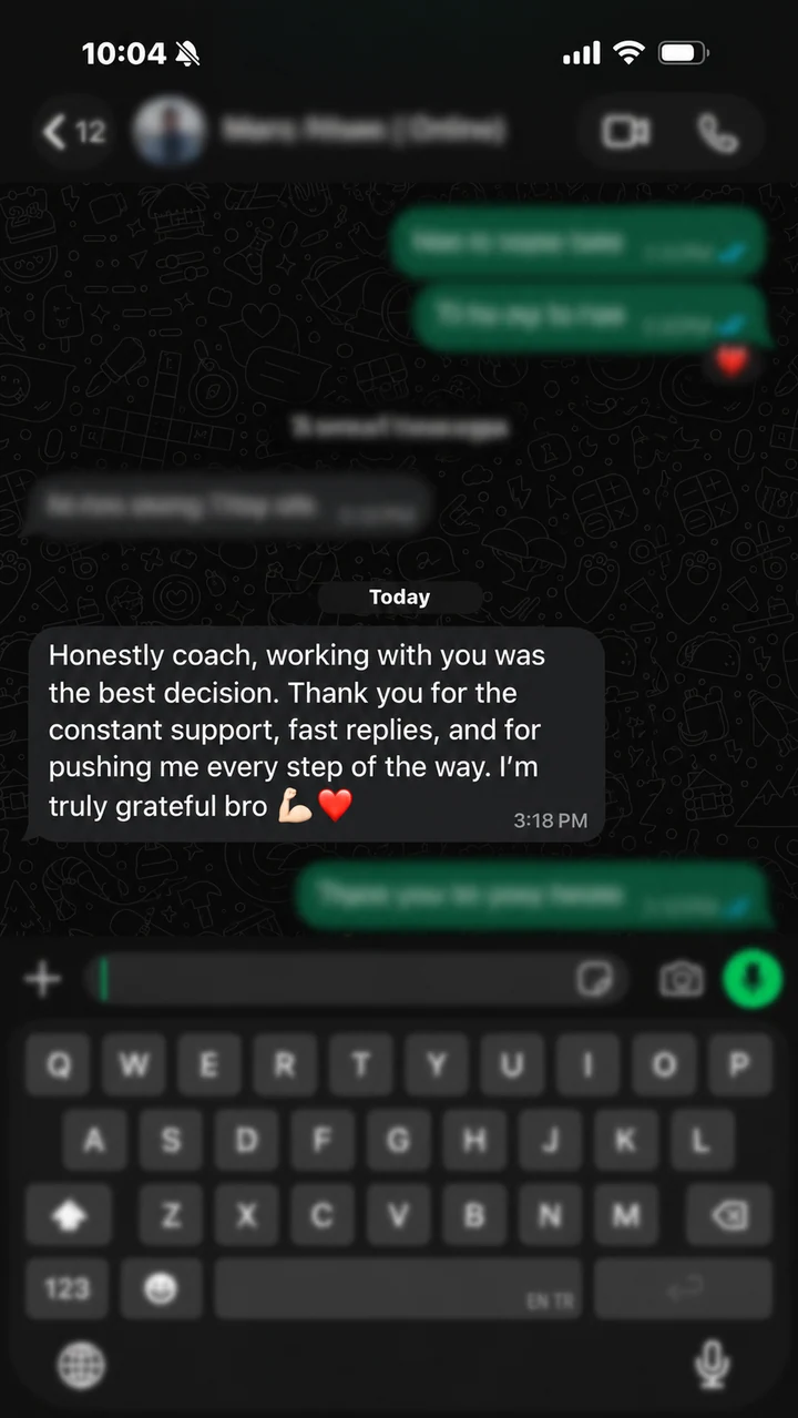 WhatsApp testimonial describing coaching with Michel as the best decision and praising his constant support
